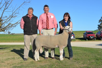 Pictured with the $6200 top priced White Suffolk ram at the Bundara Downs sale, purchased by John Stephenson, Millinup stud, WA are Brenton Henriks and Laryn Gogel, Elders and Suzanne Funke holding the ram.